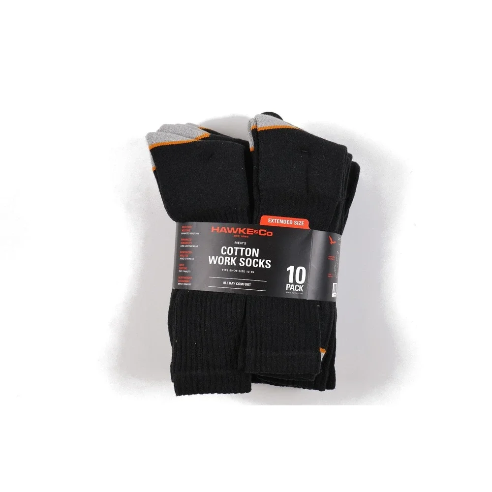 Hawke & Co Mens Cotton Work Socks 10 Pack Black Extended Size 13-15 NWT